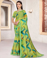 Vishal Prints Pale Olive Green Patterned Georgette Digital Print Saree With Fancy Border