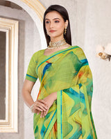 Vishal Prints Pale Olive Green Patterned Georgette Digital Print Saree With Fancy Border