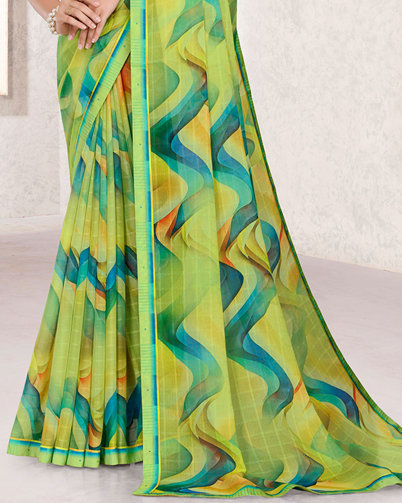 Vishal Prints Pale Olive Green Patterned Georgette Digital Print Saree With Fancy Border