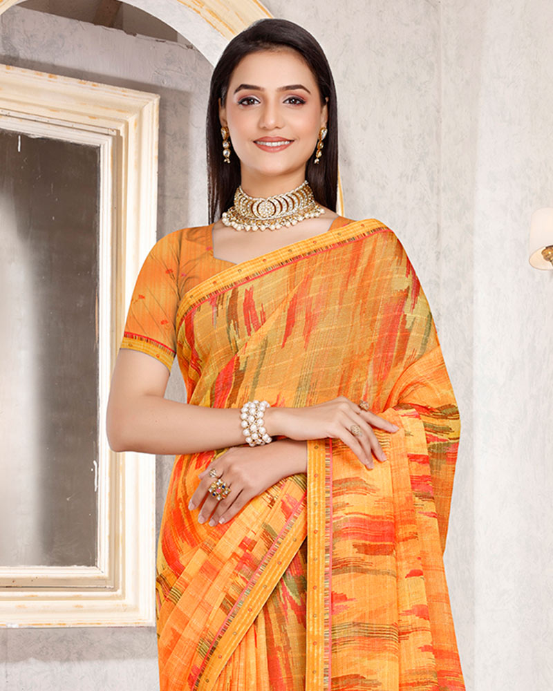 Vishal Prints Dusty Orange Patterned Georgette Digital Print Saree With Fancy Border