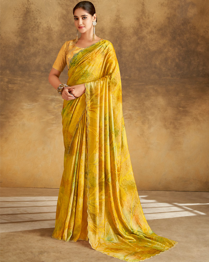 Vishal Prints Pale Yellow Designer Silk Brasso Digital Print Saree With Cut Work Diamond Border