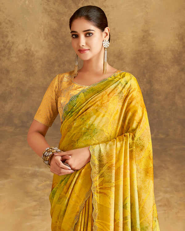 Vishal Prints Pale Yellow Designer Silk Brasso Digital Print Saree With Cut Work Diamond Border