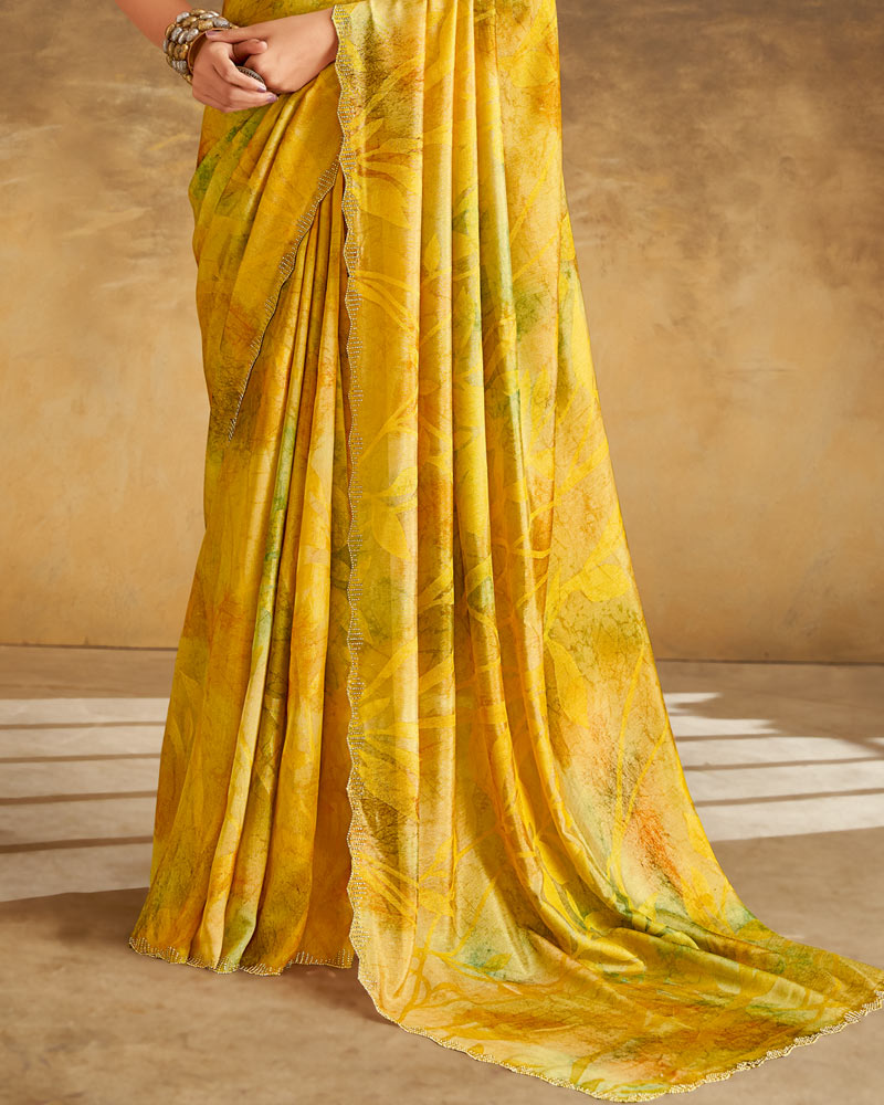 Vishal Prints Pale Yellow Designer Silk Brasso Digital Print Saree With Cut Work Diamond Border