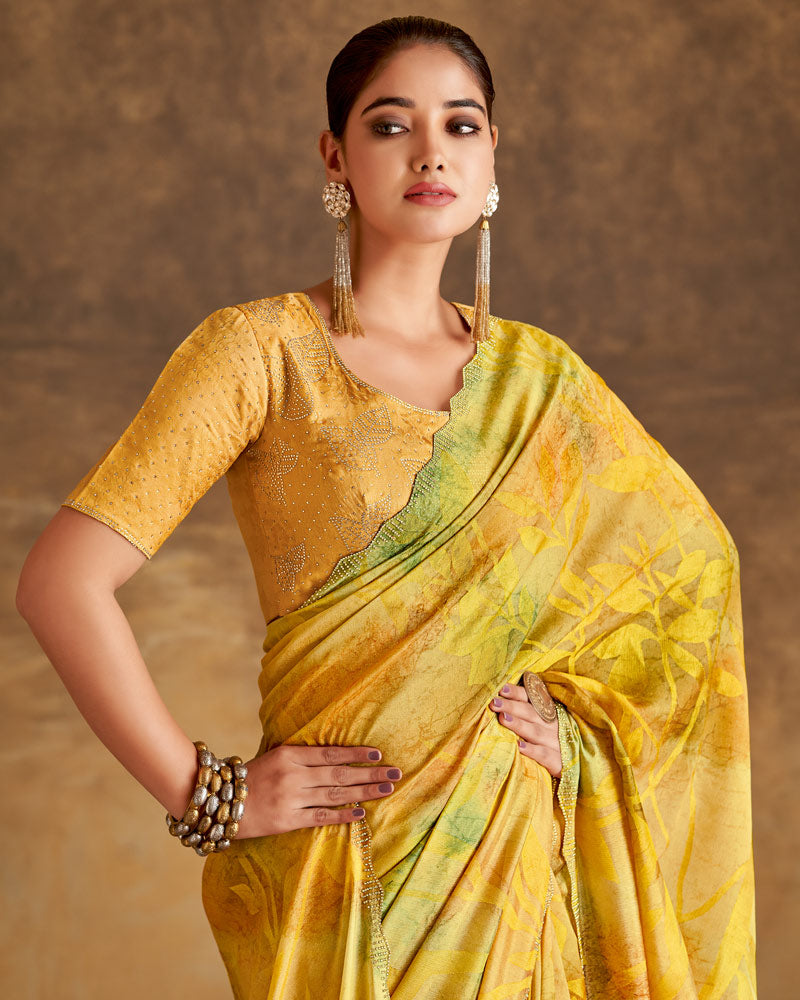 Vishal Prints Pale Yellow Designer Silk Brasso Digital Print Saree With Cut Work Diamond Border