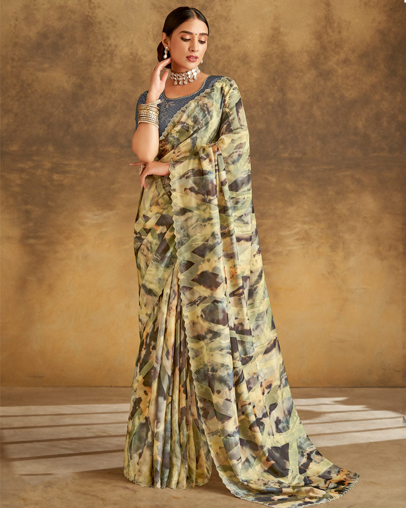 Vishal Prints Greyish Cream Designer Silk Brasso Digital Print Saree With Cut Work Diamond Border