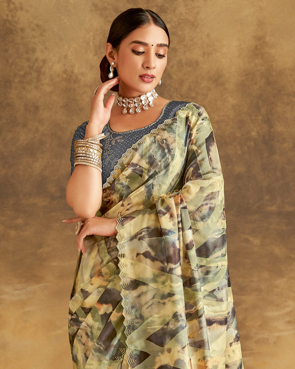 Vishal Prints Greyish Cream Designer Silk Brasso Digital Print Saree With Cut Work Diamond Border