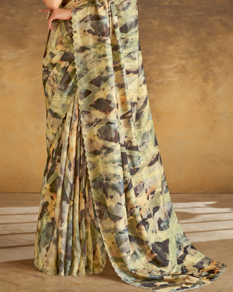 Vishal Prints Greyish Cream Designer Silk Brasso Digital Print Saree With Cut Work Diamond Border