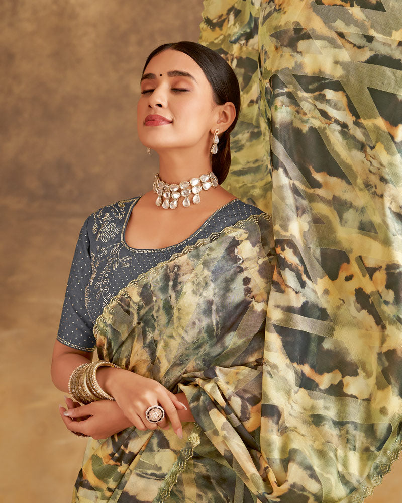 Vishal Prints Greyish Cream Designer Silk Brasso Digital Print Saree With Cut Work Diamond Border