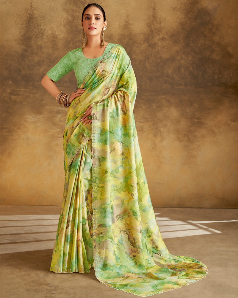 Vishal Prints Yellowish Green Designer Silk Brasso Digital Print Saree With Cut Work Diamond Border