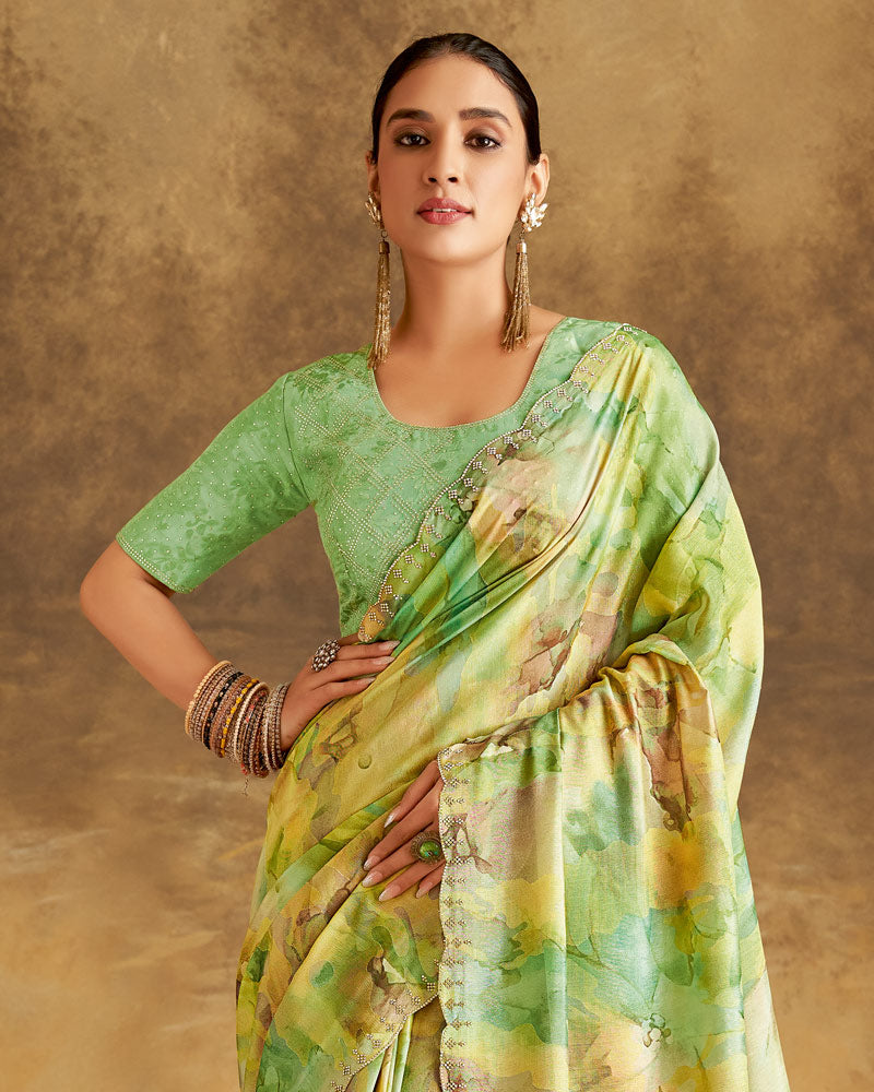 Vishal Prints Yellowish Green Designer Silk Brasso Digital Print Saree With Cut Work Diamond Border