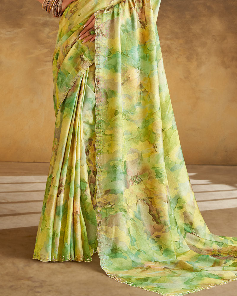 Vishal Prints Yellowish Green Designer Silk Brasso Digital Print Saree With Cut Work Diamond Border