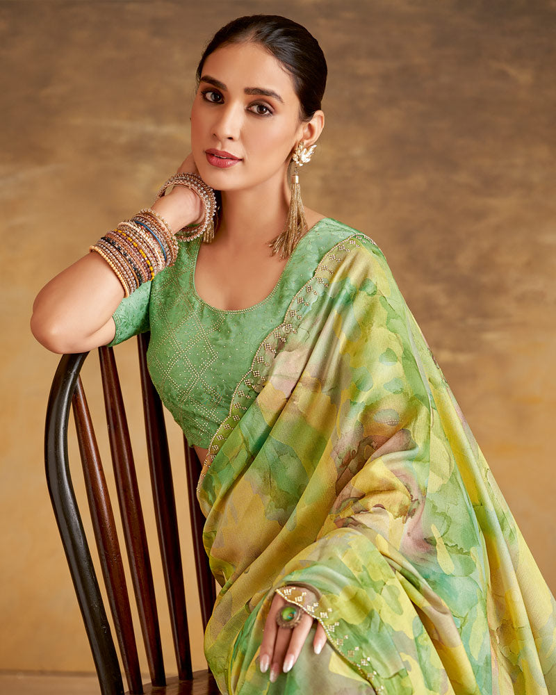 Vishal Prints Yellowish Green Designer Silk Brasso Digital Print Saree With Cut Work Diamond Border