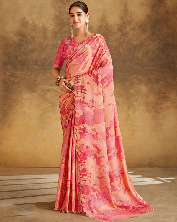 Vishal Prints Peach Pink Designer Silk Brasso Digital Print Saree With Cut Work Diamond Border