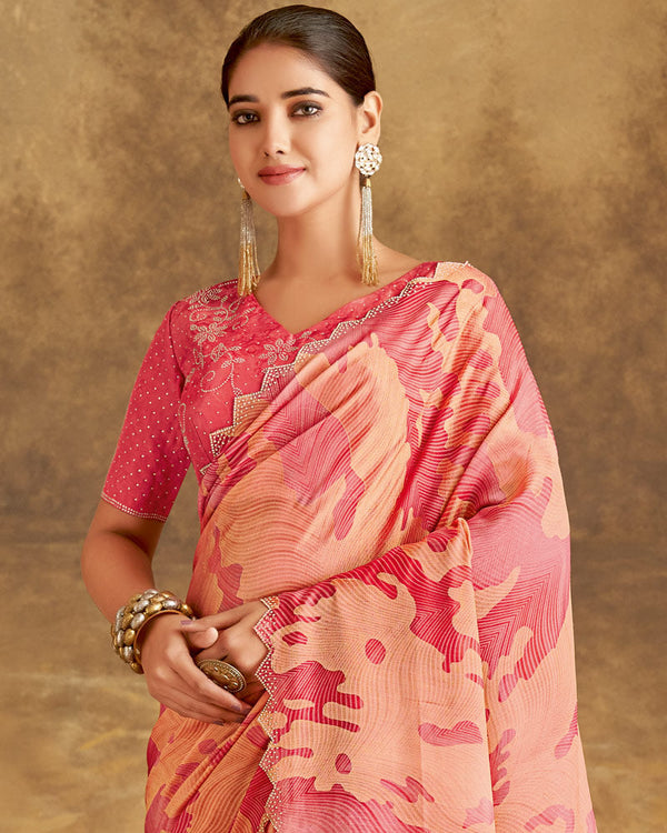 Vishal Prints Peach Pink Designer Silk Brasso Digital Print Saree With Cut Work Diamond Border