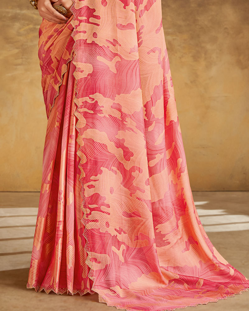 Vishal Prints Peach Pink Designer Silk Brasso Digital Print Saree With Cut Work Diamond Border