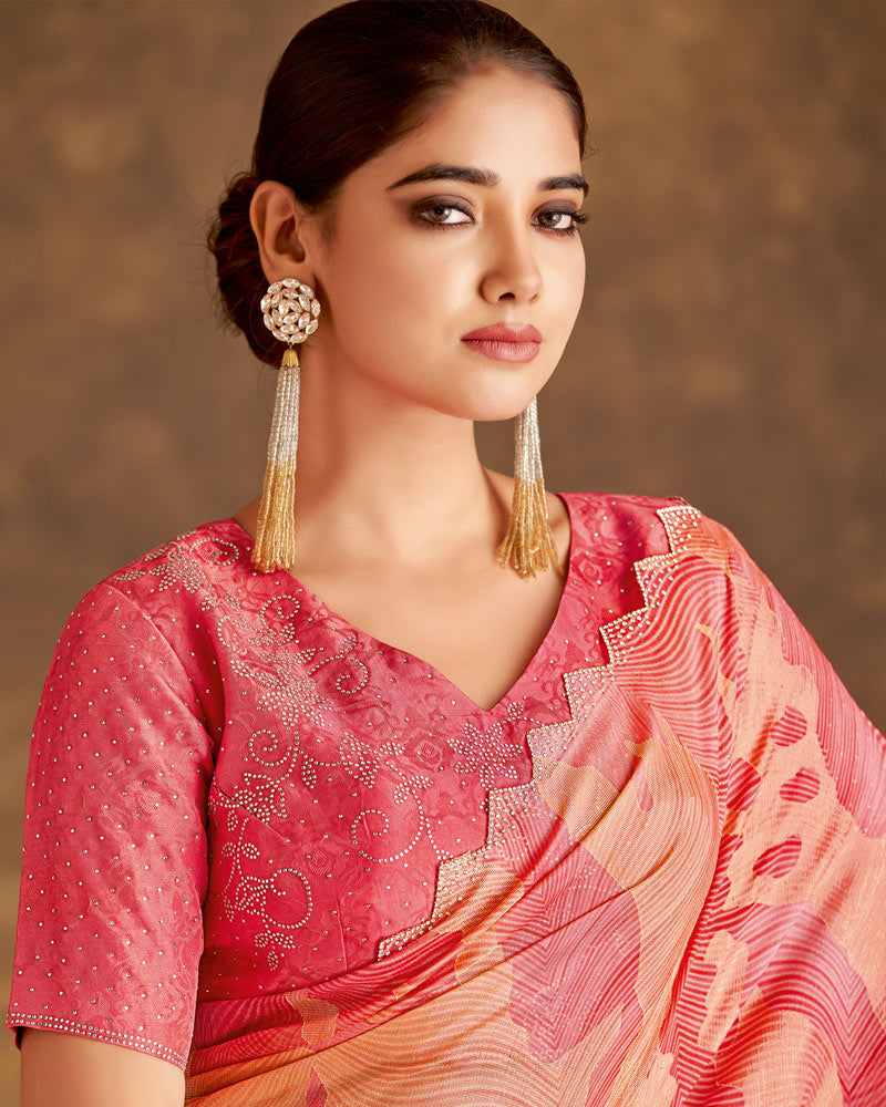 Vishal Prints Peach Pink Designer Silk Brasso Digital Print Saree With Cut Work Diamond Border