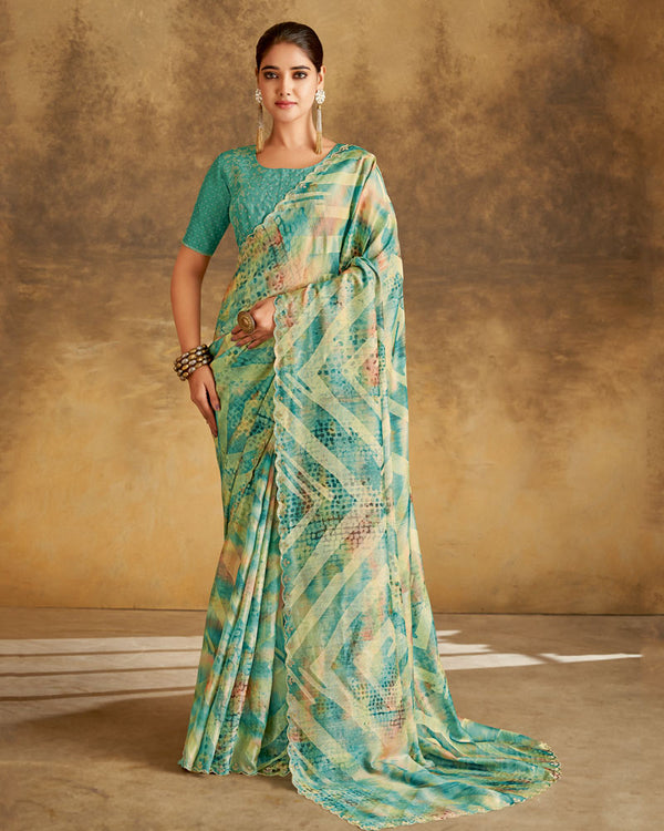 Vishal Prints Creamish Blue Designer Silk Brasso Digital Print Saree With Cut Work Diamond Border