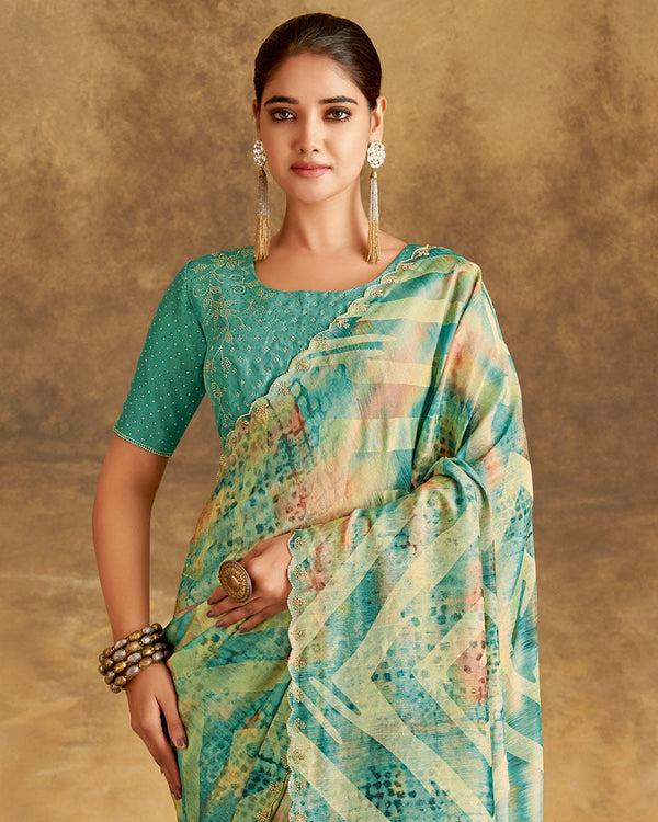 Vishal Prints Creamish Blue Designer Silk Brasso Digital Print Saree With Cut Work Diamond Border