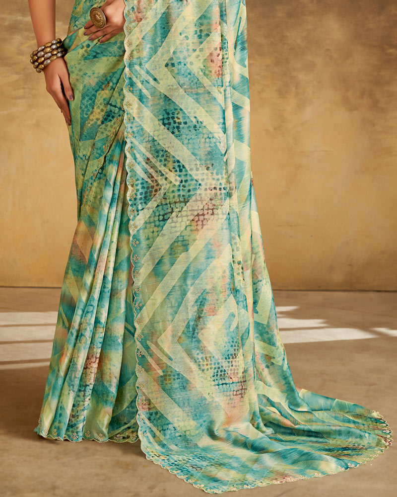 Vishal Prints Creamish Blue Designer Silk Brasso Digital Print Saree With Cut Work Diamond Border