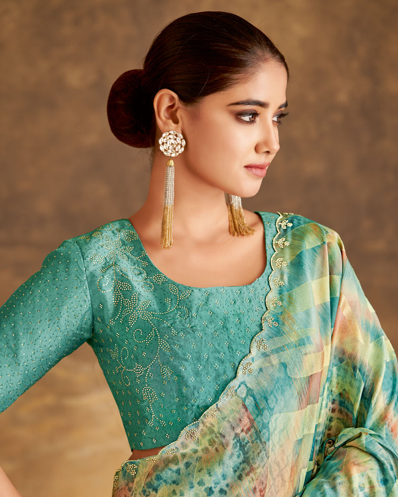 Vishal Prints Creamish Blue Designer Silk Brasso Digital Print Saree With Cut Work Diamond Border
