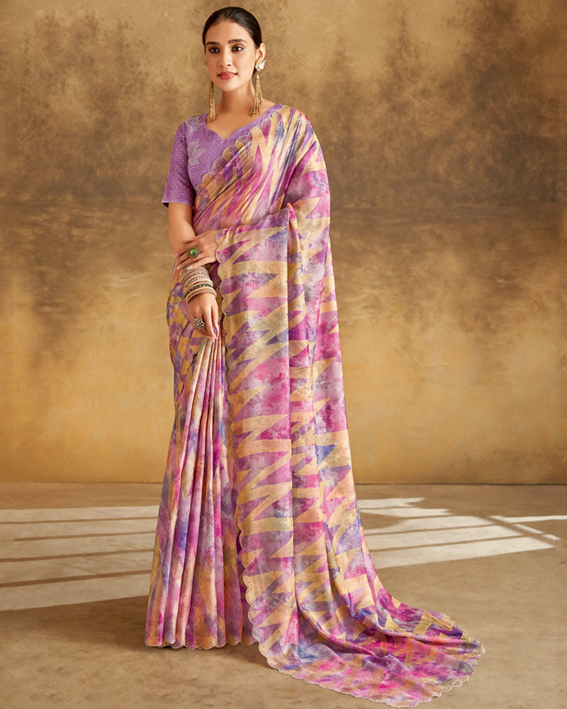 Vishal Prints Orange Purple Designer Silk Brasso Digital Print Saree With Cut Work Diamond Border