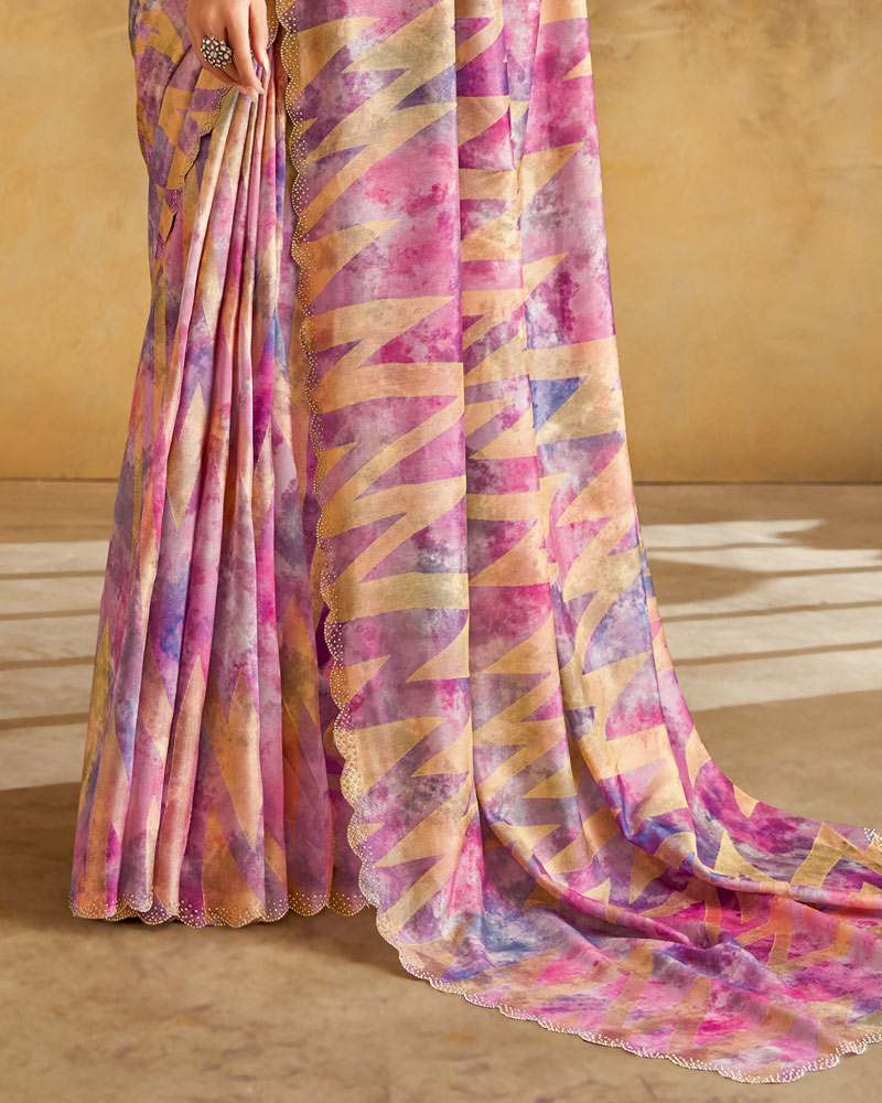 Vishal Prints Orange Purple Designer Silk Brasso Digital Print Saree With Cut Work Diamond Border