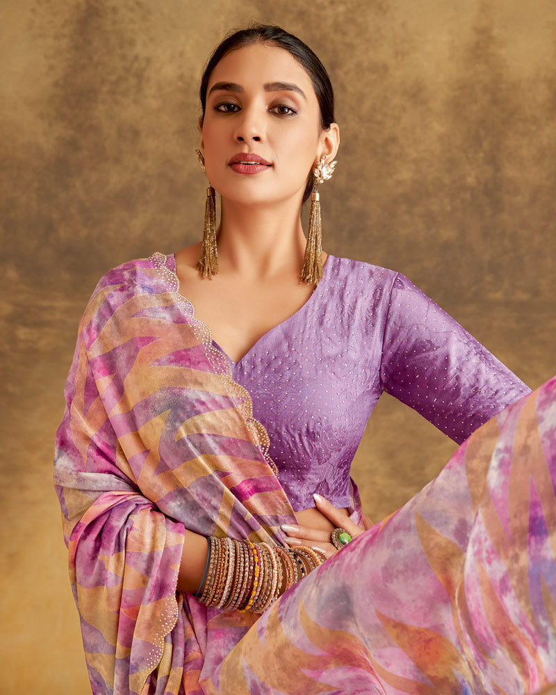 Vishal Prints Orange Purple Designer Silk Brasso Digital Print Saree With Cut Work Diamond Border