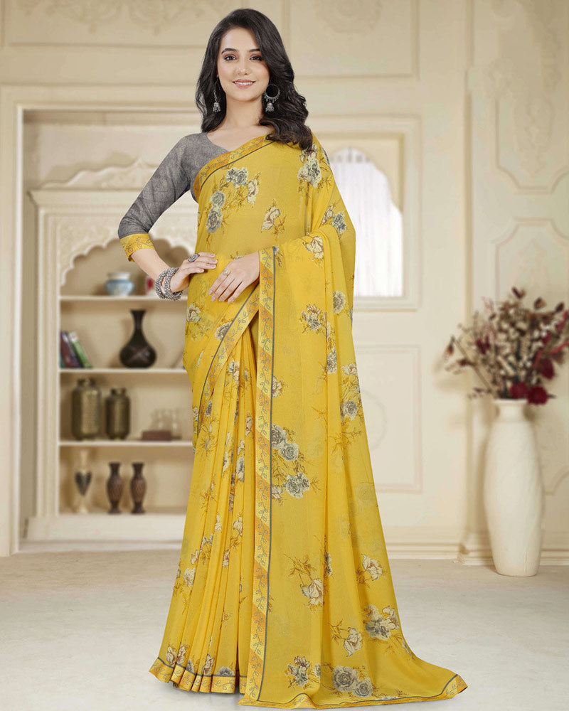 Vishal Prints Light Mustard Printed Georgette Saree With Fancy Border