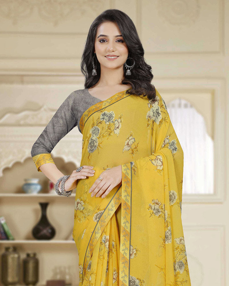 Vishal Prints Light Mustard Printed Georgette Saree With Fancy Border