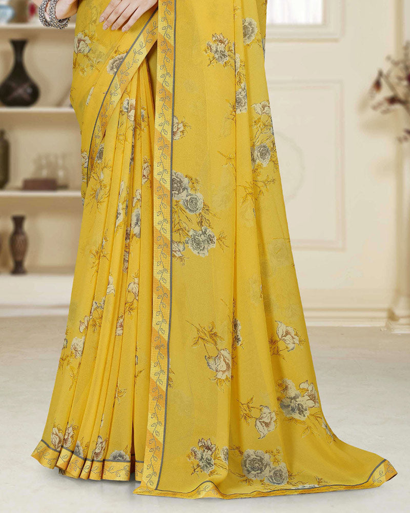 Vishal Prints Light Mustard Printed Georgette Saree With Fancy Border