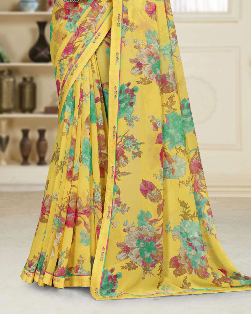 Vishal Prints Light Mustard Printed Georgette Saree With Fancy Border