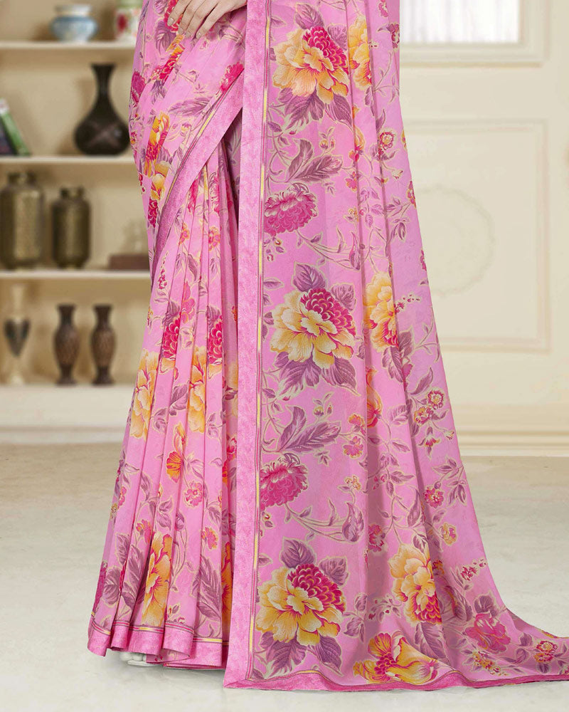 Vishal Prints Illusion Pink Printed Georgette Saree With Fancy Border