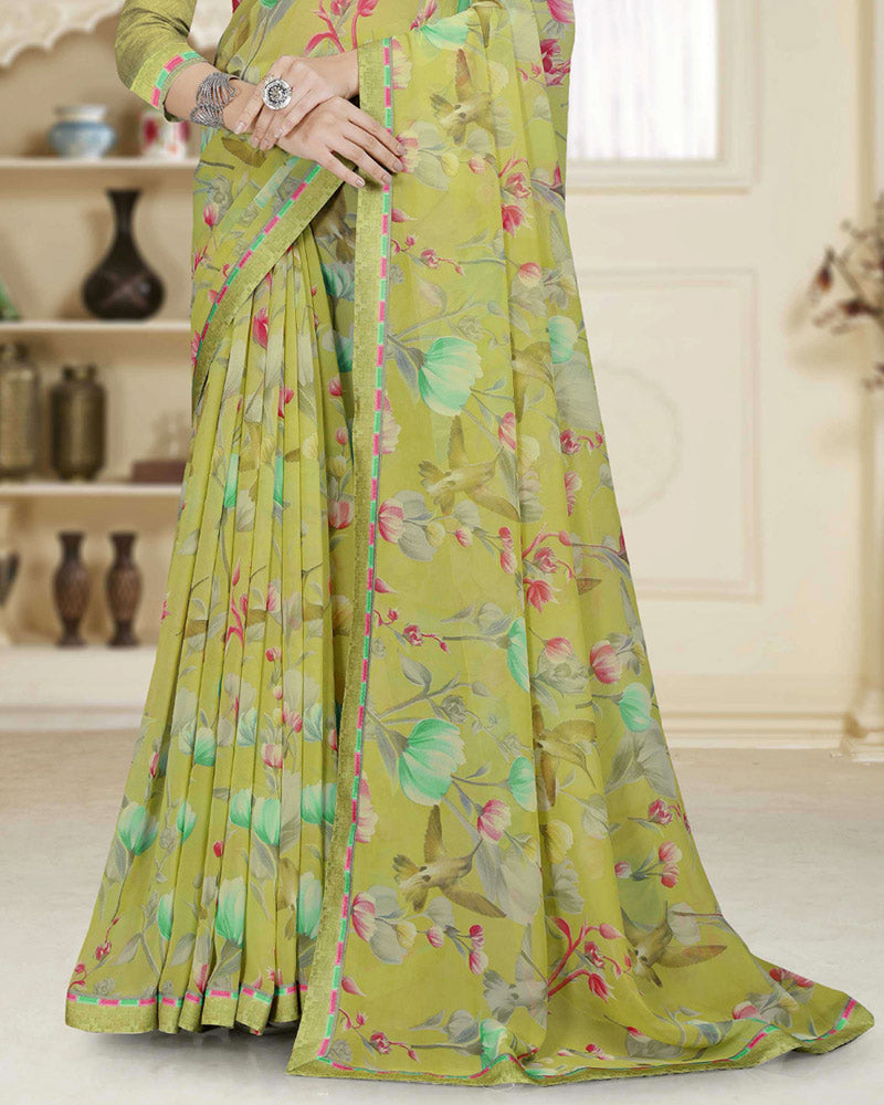 Vishal Prints Moss Green Printed Georgette Saree With Fancy Border