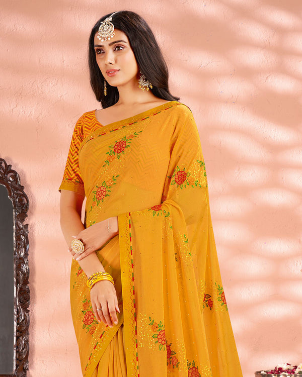 Vishal Prints Mustard Designer Chiffon Saree With Embroidery And Diamond Work