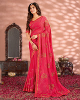 Vishal Prints Red Pink Designer Chiffon Saree With Embroidery And Diamond Work