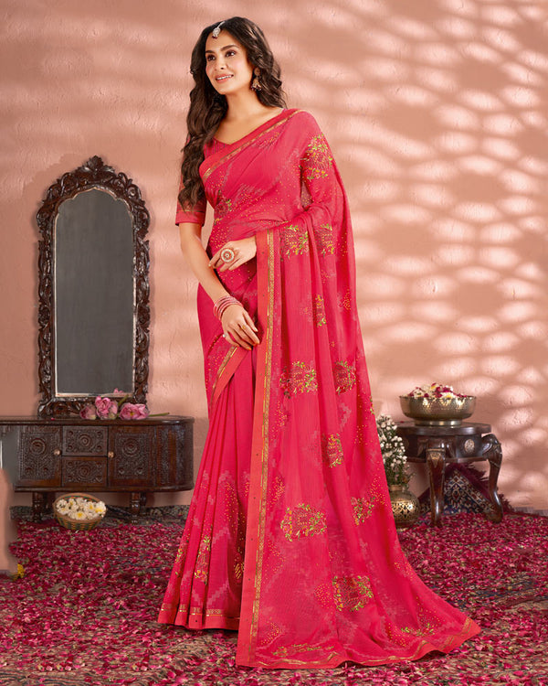 Vishal Prints Red Pink Designer Chiffon Saree With Embroidery And Diamond Work