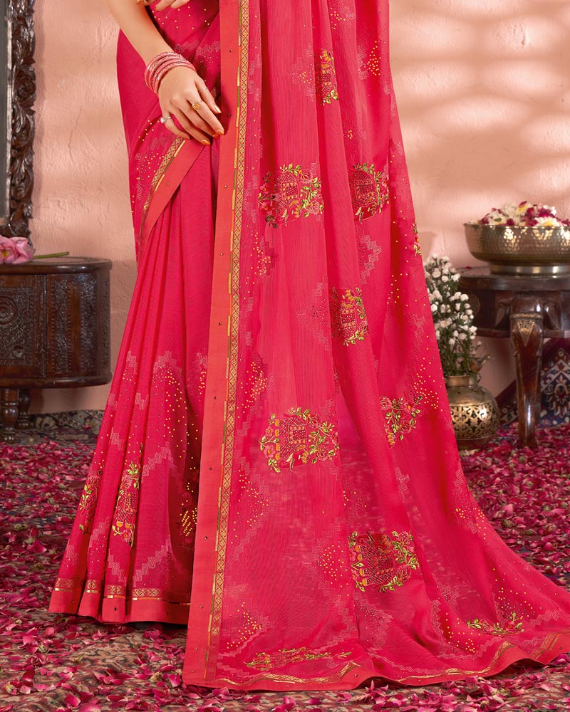 Vishal Prints Red Pink Designer Chiffon Saree With Embroidery And Diamond Work