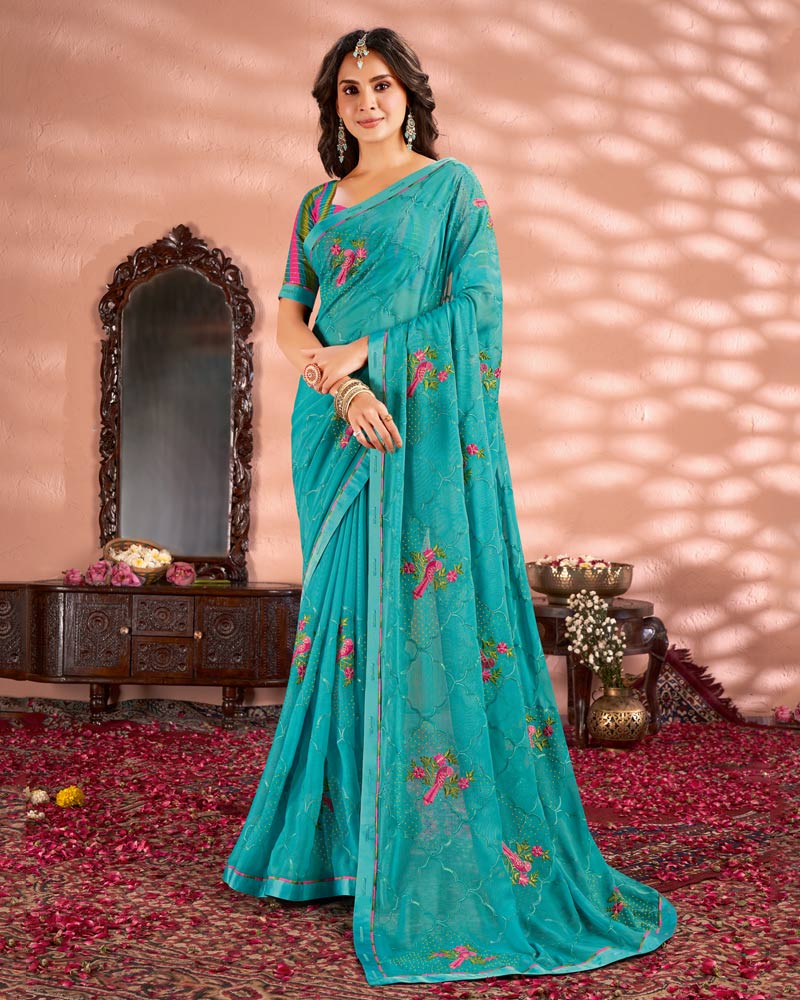Vishal Prints Pastel Teal Green Designer Chiffon Saree With Embroidery And Diamond Work