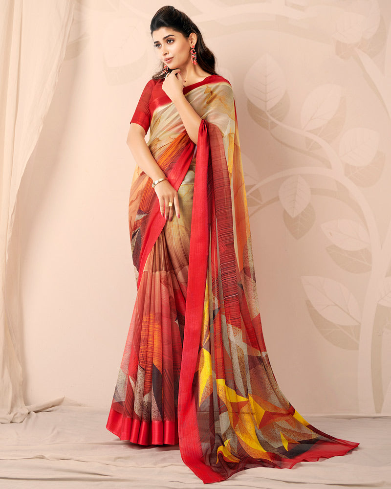 Vishal Prints Dark Pastel Red And Beige Digital Print Chiffon Saree