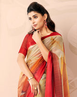 Vishal Prints Dark Pastel Red And Beige Digital Print Chiffon Saree