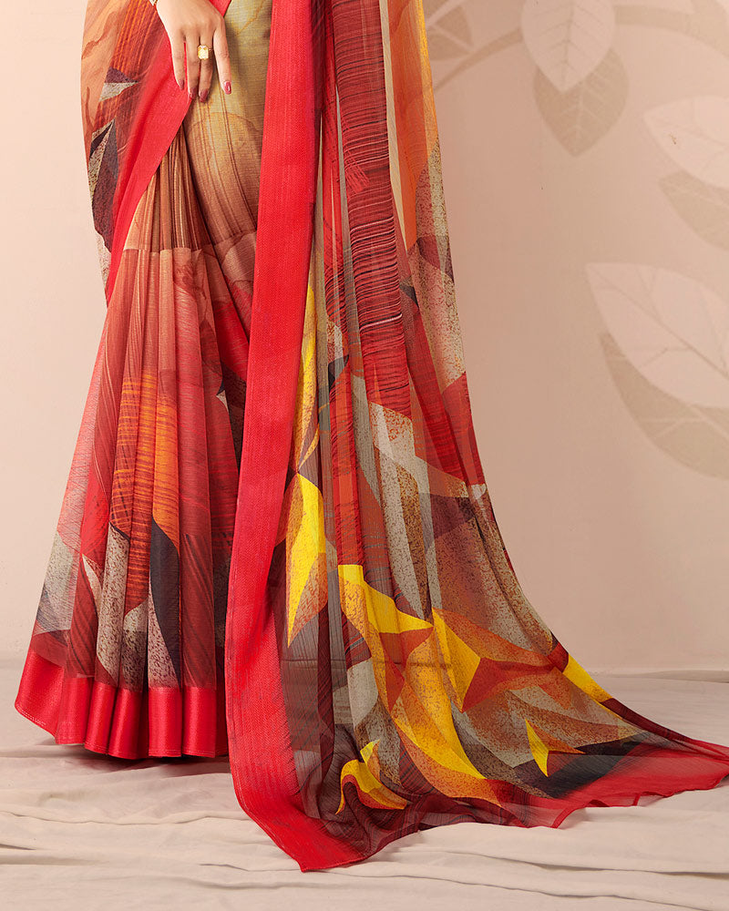 Vishal Prints Dark Pastel Red And Beige Digital Print Chiffon Saree