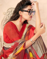 Vishal Prints Dark Pastel Red And Beige Digital Print Chiffon Saree
