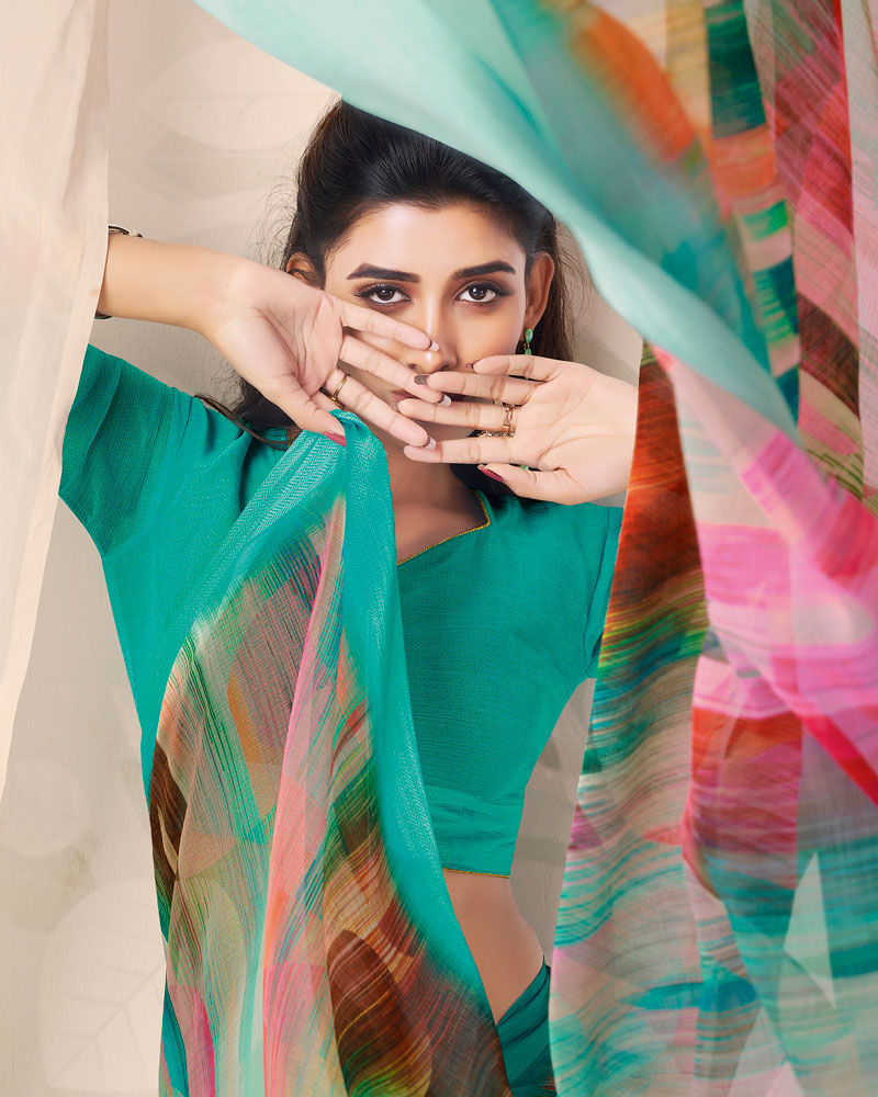 Vishal Prints Light Sea Green Digital Print Chiffon Saree