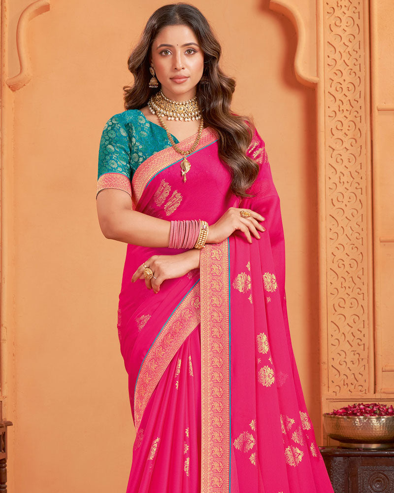 Vishal Prints Dark Pink Designer Chiffon Saree With Foil Print And Zari Border