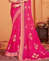 Vishal Prints Dark Pink Designer Chiffon Saree With Foil Print And Zari Border