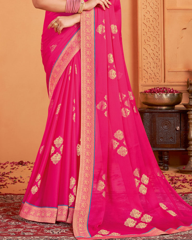 Vishal Prints Dark Pink Designer Chiffon Saree With Foil Print And Zari Border