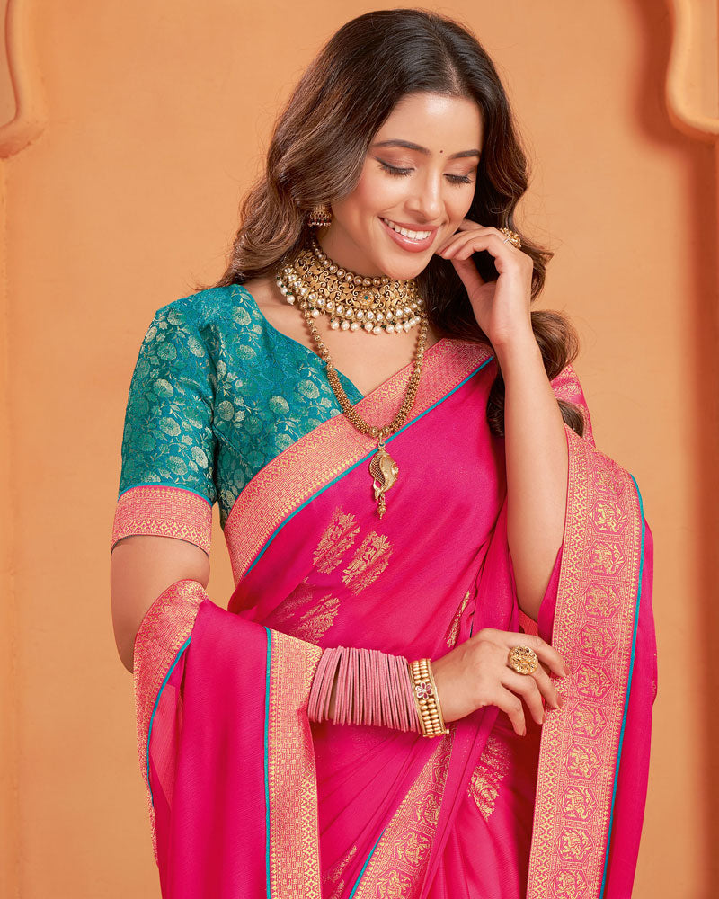 Vishal Prints Dark Pink Designer Chiffon Saree With Foil Print And Zari Border