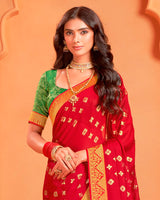 Vishal Prints Lipstick Red Designer Chiffon Saree With Foil Print And Zari Border