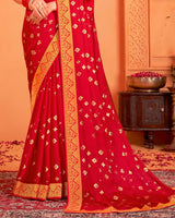 Vishal Prints Lipstick Red Designer Chiffon Saree With Foil Print And Zari Border