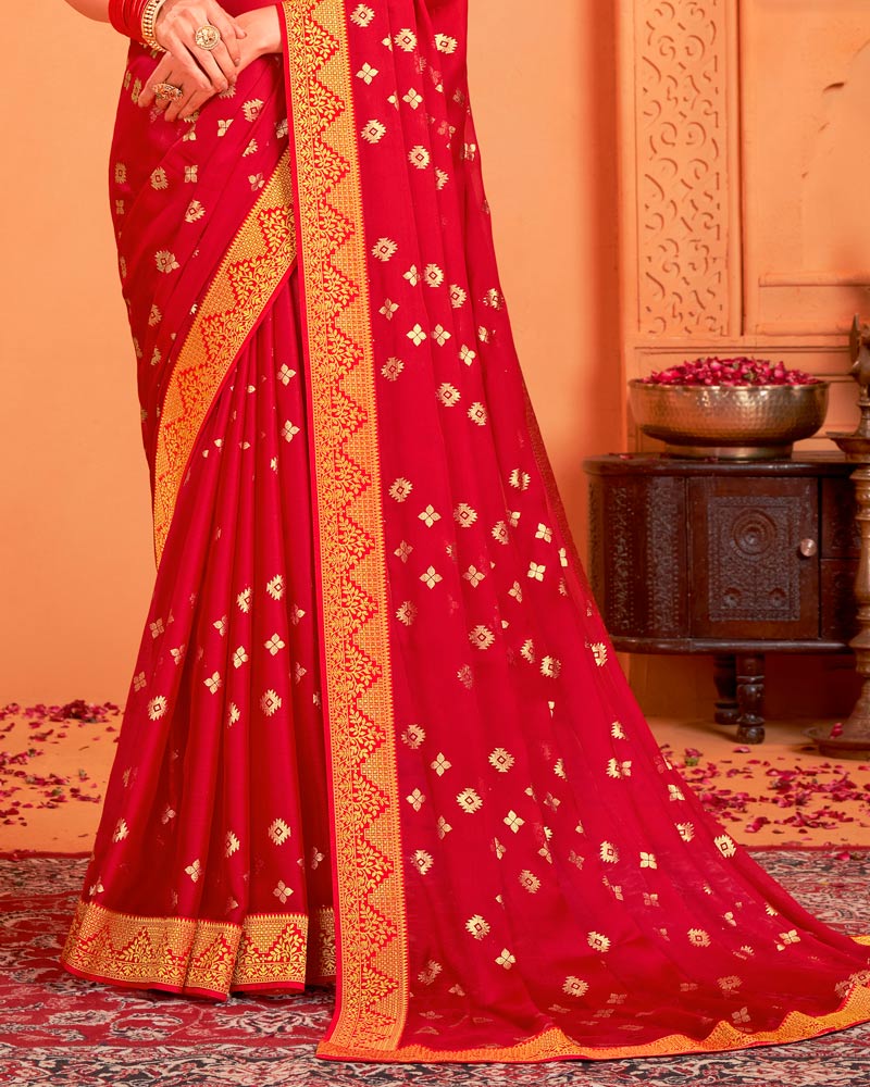 Vishal Prints Lipstick Red Designer Chiffon Saree With Foil Print And Zari Border
